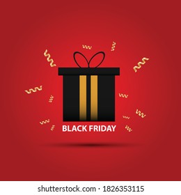 Black Friday Sale banner template with golden ribbon and gift boxes on dark background. Vector background for poster, banners, flyers, card, advertising brochure