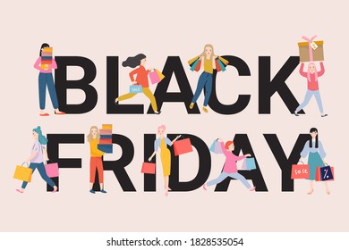 black friday sale banner template with tiny people