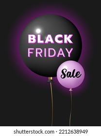 Black Friday sale banner template with black and purple balloon objects on dark background. Violet and white text lettering. Realistic vector illustration.