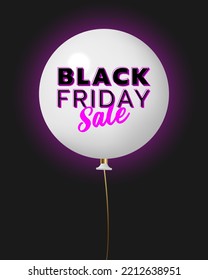 Black Friday sale banner template with white balloon object on dark background. Violet and white text lettering. Realistic vector illustration.