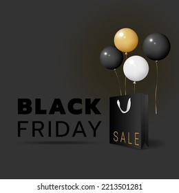 Black Friday sale banner template with black, white, gold balloon and shopping bag objects on dark background. Black and gold text lettering. Realistic vector illustration.