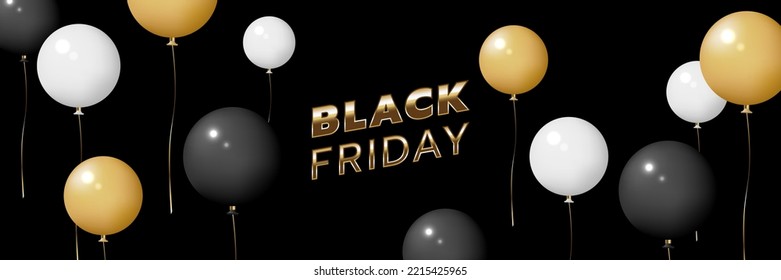 Black Friday sale banner template with black, white, gold balloon objects on dark background. Gold text lettering. Realistic vector illustration.