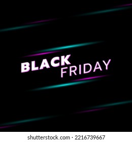 Black Friday sale banner template with green and violet neon light on dark background. White and violet text lettering. Vector illustration.