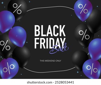 Black Friday Sale Plantilla de Anuncio con globos azules, morados y negros