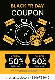 Black Friday sale banner template with gift voucher and coupon code, golden coins and coupons flying around, isolated on black background. Black Friday limited time countdown banner template in vector