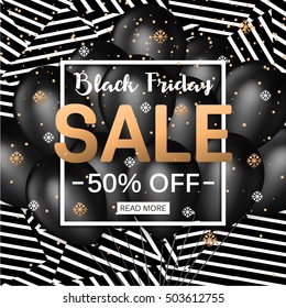 Black Friday Sale Banner Template with Balloons over Striped Background. Vector illustration.