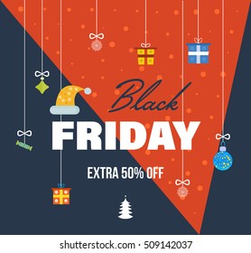 Black Friday Sale Banner Template with christmas icons. Special system of discounts for the purchase of goods. Vector illustration. You can use in brochures, banners, graphics,  commercial materials.