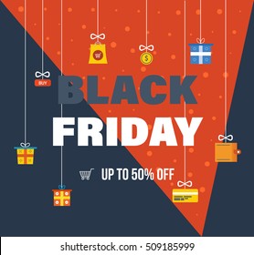 Black Friday Sale Banner Template with christmas icons. Special system of discounts for the purchase of goods. Vector illustration. You can use in brochures, banners, graphics, commercial materials.