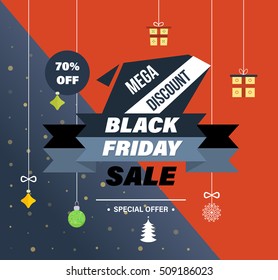 Black Friday Sale Banner Template with christmas icons. Special system of discounts for the purchase of goods. Vector illustration. You can use in brochures, banners, graphics, commercial materials.