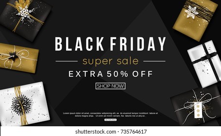 Black Friday Sale Banner Vorlage mit Weihnachten dekorative Elemente Geschenkbox. Vektorgrafik für Werbung, Online-Shopping.