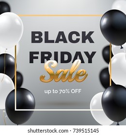 Black friday sale banner template. Floating text with black and white air balloons isolated on abstract silver gradient background. Template for poster, flyer, invite concept. Vector illustration.