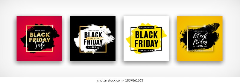 Black friday sale banner templates set. Social media designs for flyer, poster, shopping, discount, web, promotion, advertisment, background. Vector illustration.