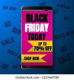 Black Friday Sale Banner today on smartphone purple display with yellow button shop now and Special offer 70% off sale on design text motivation background. Stock vector