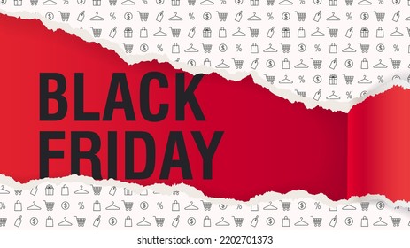 Black friday sale banner with torn paper decorated with shopping theme icons. Vector design template for sale.
