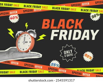 Black Friday Sale banner in trendy collage style with halftone hands holding alarm clock. Bright vector template for banner and social media