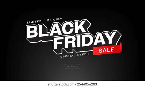 Black Friday Sale Banner, Black typography text and red sale ribbon tag placard poster premium and minimal vector design for your shop or online store website for discount price advertisement 