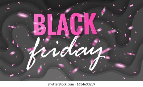 Black Friday sale banner. vector illustration card with background with deep black color paper cut shapes. template for greeting cards, email and newsletter design, marketing material.
