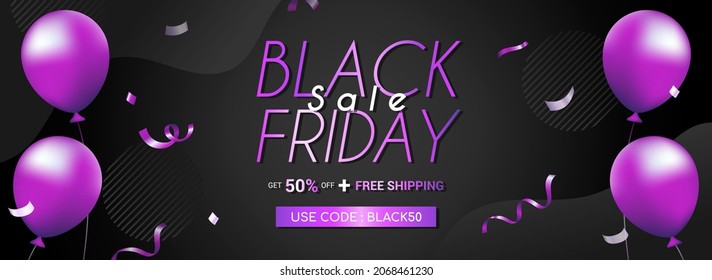 Black Friday Sale Banner Vector illustration. Balloons with confetti. Black and purple theme.	
