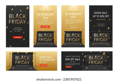 Black Friday Sale banner vector set. Special price. Fashion, beauty design template. Social media story sale design. Vertical  banners with falling confetti. Stories collection. Website headers.