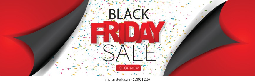 Black Friday Sale banner or website header. Big discount of the year design concept with peeling off wrapping paper and colorful confetti. Vector illustration.