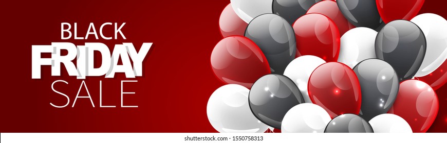 Black Friday sale banner. Website or newsletter header. Special offer discount. Red background with balloons. Vector illustration.