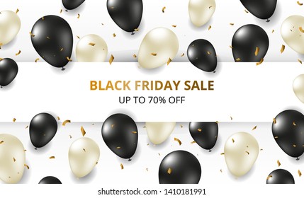 Black friday sale banner with black and white helium balloons, confetti and place for text.