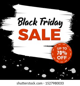 Black Friday sale banner with white brush strokes and splashes on black background.