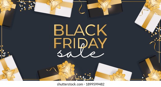 Black Friday sale banner. Black and white realistic gift boxes. Ready poster. Vector