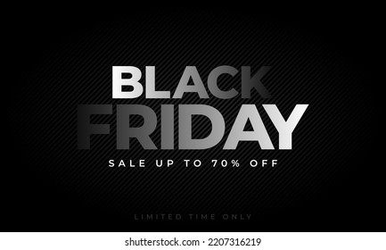 Black Friday sale banner with white to dark grey gradient color typography on black stripe texture background, vector illustration template.