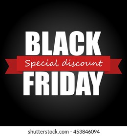 Black Friday sale banner, white font with red ribbon.