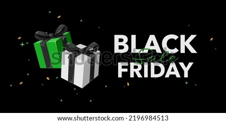 Black Friday Sale banner with white and green gift boxes and black bows. Special offer background in flat design