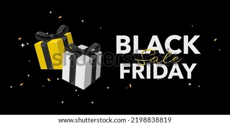 Black Friday Sale banner with white and yellow gift boxes and black bows. Special offer background in flat design