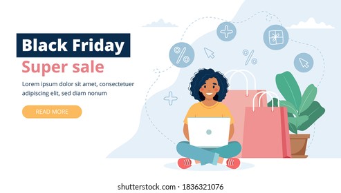 Black friday sale banner with woman character, online shopping concept.