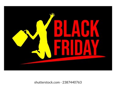 Black Friday sale banner with woman jumping for joy holding shopping bag. Big promotion discount. Big sale concept. promotion flyer. Special offer. 