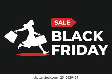 Black friday sale banner women run for shopping silhouette background black