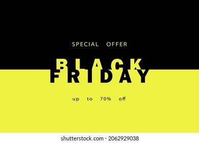 Black Friday Sale banner with yellow and black background. Modern minimal design with black and white typography. Template for promotion, advertising, web, social and fashion ads. Vector illustration.