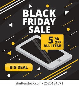 Black Friday Sale Banner in yellow black With Dis Up to 5% off. Big Deal. Vector illustration. 5% off in all items.