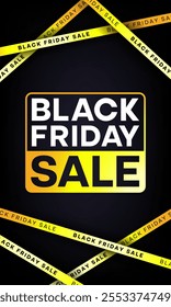 Black Friday Sale Banner with Yellow ribbons on a black background. Crossed ribbons. Big sale. Graphic elements. Vector illustration