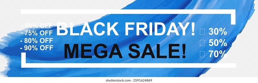 Black Friday sale banners with abstract brush strokes, modern typography, and promotional discount labels.