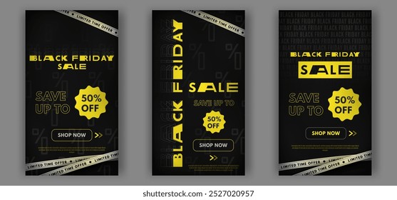 Banners de venda Black Friday, cartazes verticais modernos em preto e amarelo com letras estiradas na moda. Modelo de design, layout para mídias sociais, web, impressão. Botão Comprar agora, tempo limitado oferecer fitas.