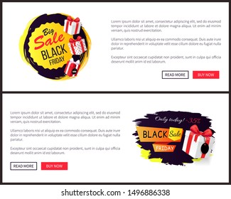 Black Friday sale, banners with presents in boxes vector. Discounts and special prices, reductions and surprises, autumn sellout on online sites templates