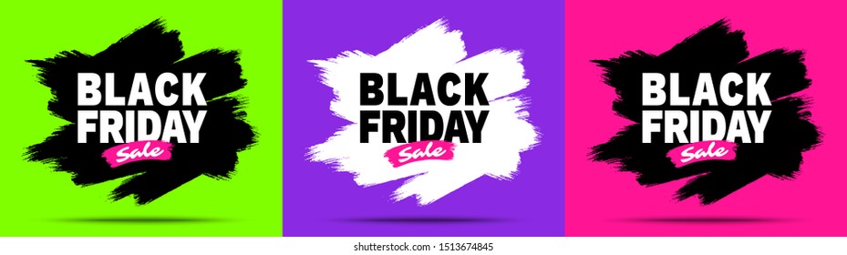 Black Friday sale banners set. Trendy colors background. Brush stroke blots frame for sales and discounts. Template design. Watercolor texture. Vector grunge illustration