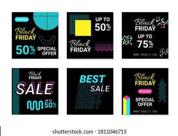 Black Friday sale banners. Set of social media web banners for shopping, sale, product promotion. Vector illustrations for website and mobile website banner. Neon style black friday cards.