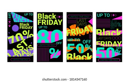 Black Friday sale banners. Set of social media web banners for shopping, sale, product promotion. Vector illustrations for website and mobile website banner. Neon style black friday cards.