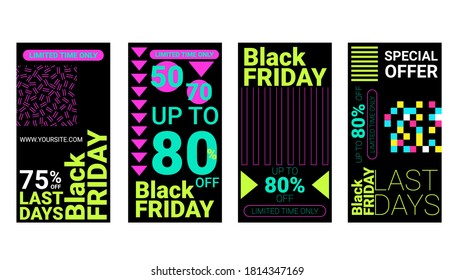 Black Friday sale banners. Set of social media web banners for shopping, sale, product promotion. Vector illustrations for website and mobile website banner. Neon style black friday cards.