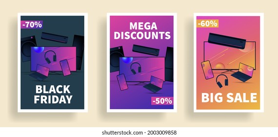 Black friday sale banners set or posters with 3d illustration of different household and electronics gatgets