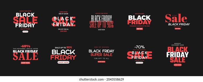 Black Friday Sale Banner setzen Vektorgrafik-Design einzeln auf schwarzem Hintergrund. Typografisches Muster für Vertrieb, Werbeaktion, Sonderangebote und saisonale Angebote, rote weiße Illustration