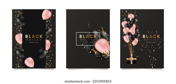 Black Friday sale banners set with confetti, black and pink balloons and a gift box on black background. Vector templates