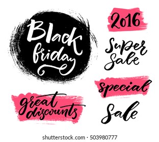 Black friday sale banners set. Vector hand lettering on labels: super sale, great discounts, special