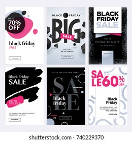 Banners de venda Black Friday. Conjunto de banners de redes sociais para compras, venda, promoção de produtos. Ilustrações vetoriais para banners de sites e sites móveis, projetos de e-mail e newsletter, anúncios.